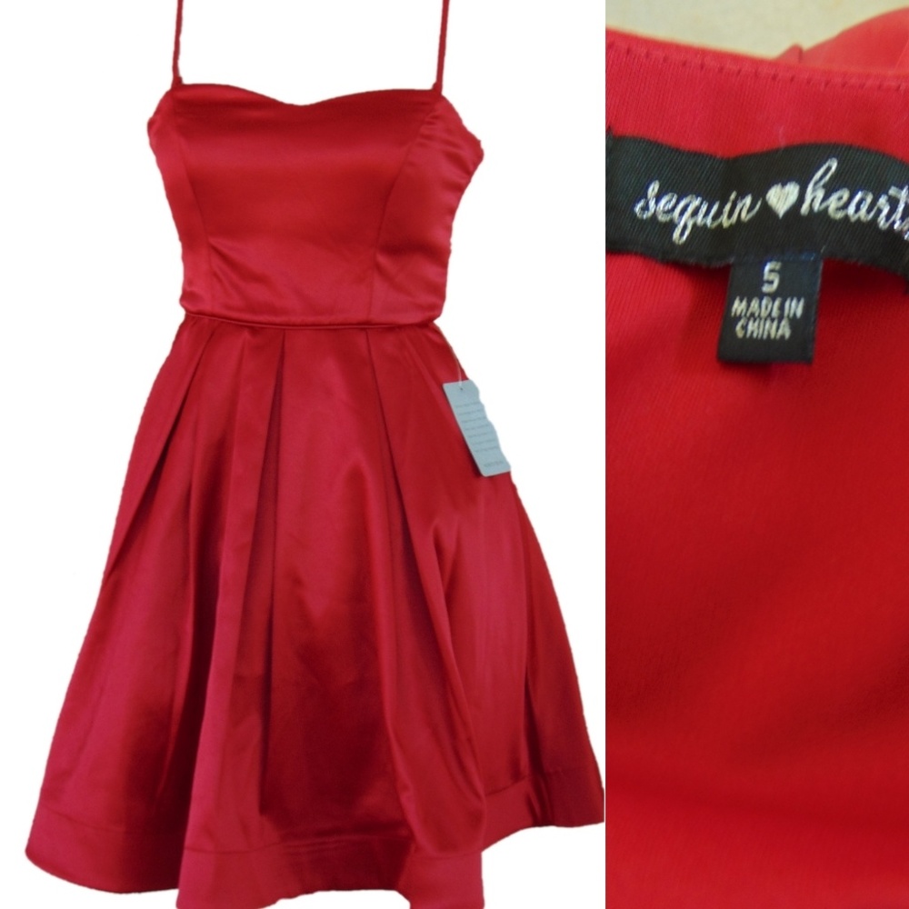 Sequin Hearts Satin Party Dress Size 5 Red Straps